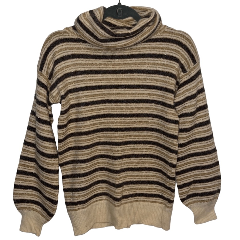 De Mura made in Hong Kong vintage balloon long sleeve striped cowl neck sweater